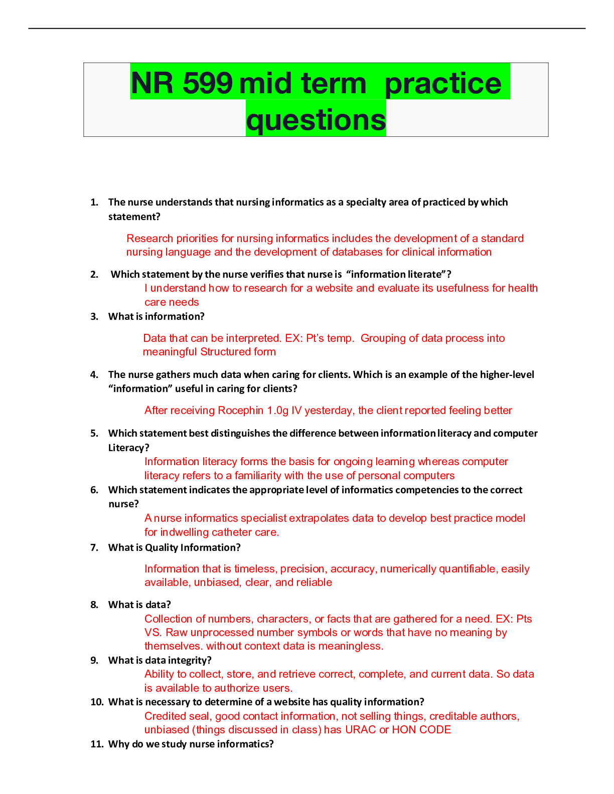 Preview image of NR 599 mid term  practice questions document
